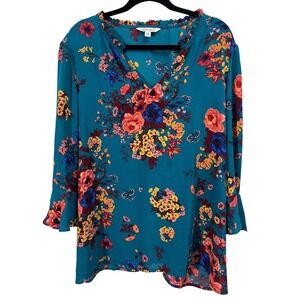 The Pioneer Woman Floral Blouse XXL Cottagecore Ruffle Neck Teal Blue